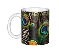 Gpkgsigt Taza de cerámica con impresión de plumas de pavo real para capuchino, latte, cereales, yogur, leche, bebidas calientes o frías, horno de microondas