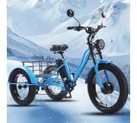 GplHAIN 24 Inch Fat Wheel Electric Tricycle Cargo Power with Cargo Basket, Assisted Pedal Fat Tire for Adults, 200kg Load Capacitay, Elderly Exercise Shopping Scooter Blue