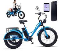GplHAIN Bicicleta Eléctrica De 3 Ruedas De 24 Pulgadas para Adultos Y Personas Mayores, Triciclo De Nieve con Asiento/Sin Asiento, Pantalla LCD + Faro + Cuadro De Acero Al Carbono Blue-A