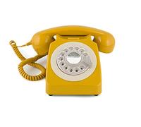 GPO 746 Teléfono fijo de disco con estilo retro de los años 70 - Cable en espiral, Timbre auténtico - Mostaza
