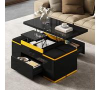 GQTYBZ Mesa Centro Elevable, Mesa de Centro de Alto Brillo con Almacenamiento y 2 cajones de Madera, Mesa de Comedor Plegable con 4 Taburetes, Mesa Auxiliar (Negro, 100 x 50 x 43cm)