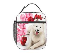 GQWJKSZ Bolsa de almuerzo con diseño de flores rosas para perro Samoyedo, duradera y aislada, reutilizable para adultos, bolsa de mano más fresca