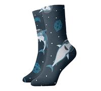 GQWJKSZ Calcetines casuales de novedad de 12 pulgadas Space Sharks con Planet Moon Full Print Jogging Running Fitness Sport Yoga Gym Calcetín de moda para hombres, mujeres, niñas y niños