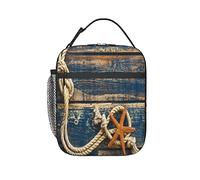 GQWJKSZ Fondo de madera con estrella de mar y cuerda marina lonchera aislada,Bolsa de almuerzo reutilizable enfriador Bento bolsa de mano