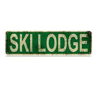 GQWJKSZ Letrero de hojalata Ski Lodge, estilo callejero, divertido letrero metálico, decoración de pared para dormitorio, granja, casa, bar, garaje, cueva de hombre, regalo de 10 x 40 cm