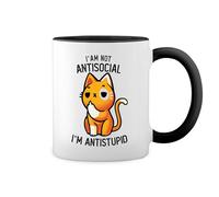 GR8Shop I'M Not Antisocial I'M Anti Stupid Funny Cat Kitten Cute New Trend Fun Lustig Blanca taza de café con RIM Negro y manija Mug