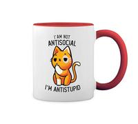 GR8Shop I'M Not Antisocial I'M Anti Stupid Funny Cat Kitten Cute New Trend Fun Lustig Blanco Taza Aro y Mango Con Rojo Mug