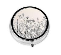 Grabado botánico de hierbas florales. Este pastillero de viaje pequeño, redondo y de tres compartimentos es perfecto para almacenar medicamentos diarios, vitaminas y sobre la marcha.
