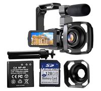 Grabadora de vídeo digital de cámara 4K de 56 Mp, micrófono con tarjeta de 128 G, estabilizador de mano, trípode y parasol para lente, zoom de 18X, visión nocturna, 3 baterías de pantalla táctil, 2