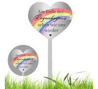 Grabstecker Wetterfest Herz Edelstahl Grabstecker Grabdekoration Wetterfest Grabschmuck mit Gravur Am Ende des Regenbogens sehen Wir Uns wieder Grab Deko zum Erinnerung Andenken Dekoherz Traue