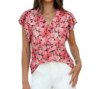 GRACE KARIN Blusa de verano de manga corta con volantes para mujer, estilo casual, holgada, floral, estilo bohemio, elegante, Rosa Roja, S