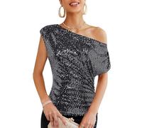 GRACE KARIN Camiseta de lentejuelas para mujer, con un hombro, asimétrica y totalmente forrada, para fiesta, negro / plateado, L