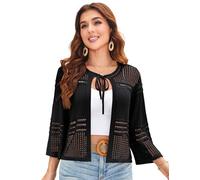 GRACE KARIN Cárdigan de corchete informal de verano para mujer, manga 3/4, cuello redondo, lazo frontal, boleros recortados, Negro, L