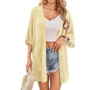 GRACE KARIN Cárdigan de verano de ganchillo hueco para mujer, manga murciélago, estilo bohemio, ajuste holgado, para vacaciones, Amarillo cremoso, L