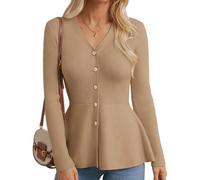 GRACE KARIN Chaquetas de punto elegantes con cuello en V y manga larga para mujer, con botones, ajustadas, para otoño e invierno, marrón claro, S