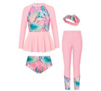 GRACE KARIN Conjunto de Traje de baño de 4 Piezas para niños, Camiseta de Manga Larga, Pantalones, Braguitas y Banda para el Pelo, Color Hojas de Palma de Color Azul y Rosa, 7 años