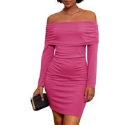 GRACE KARIN Elegante vestido de fiesta de noche para mujer, manga larga, hombros descubiertos, vestido ajustado de cintura alta, vestido de cóctel recogido, Rosa Roja, L