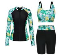 GRACE KARIN Traje de baño de 3 piezas para mujer, camiseta de protección contra erupciones integrada, manga larga, cremallera frontal, traje de baño para playa y surf, Flor blanca y amarilla, L