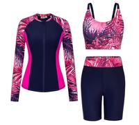 GRACE KARIN Traje de baño de 3 piezas para mujer, camiseta de protección contra erupciones integrada, manga larga, cremallera frontal, traje de baño para playa y surf, Rojo rosa y negro, M