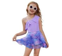 GRACE KARIN Traje de baño de una pieza para niñas, traje de baño de secado rápido con falda de malla para verano y playa, Morado (, 12-14 años