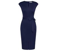 GRACE KARIN Vestido de cóctel Ajustado con Abertura Frontal y Mangas Cortas para Mujer, Vestido Midi con cinturón, Azul Marino, XL