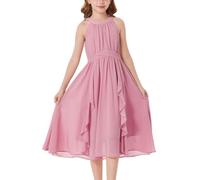 GRACE KARIN Vestido de gasa para niña, cuello de tirantes y volantes longitudinales, línea A para ocasiones festivas o veraniegas, rosa claro, 8 años
