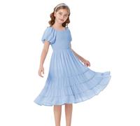 GRACE KARIN Vestido de manga corta para niña, cuello cuadrado, línea A, vestido informal con elástico, bohemio, playa, fiesta de cumpleaños, azul, 7 años