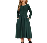 GRACE KARIN Vestido de manga larga con cuello redondo para niña, casual, acampanado, con botones frontales, verde oscuro, 7 años
