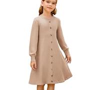 GRACE KARIN Vestido de punto para niña de manga larga, cuello redondo, A-linea, botones, adornado, vestido de punto con cinturón para otoño e invierno, marrón claro, 10-12 años