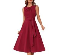 GRACE KARIN Vestido midi acampanado para mujer, sin mangas, cuello redondo, bolsillos para cinturón, fiesta, club, diario, trabajo, boda, Rojo brillante, L