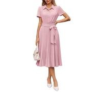 GRACE KARIN Vestido midi de línea A para mujer, para verano, casual, cuello camisero, manga corta, cinturón y detalle fruncido, rosa claro, XL