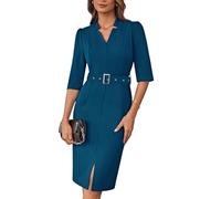 GRACE KARIN Vestido midi para mujer con mangas 3/4, estilo bodycon, cuello en V elegante, ajuste slim, para negocios, con cinturón, azul (pavo real), L