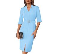 GRACE KARIN Vestido midi para mujer con mangas 3/4, estilo bodycon, elegante con cuello en V, ajuste slim, para negocios, cruzado con cinturón, azul claro, S