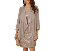 GRACE KARIN Vestido sin mangas con cuello redondo de lentejuelas para mujer, elegante, de dos piezas, de tul, cárdigan, vestido de noche para fiesta, caqui, M