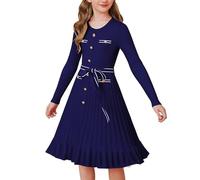 GRACE KARIN Vestido Sueter Tejido para Niñas con Cinturon Manga Larga Otoño Invierno Azul Marino 12 Años