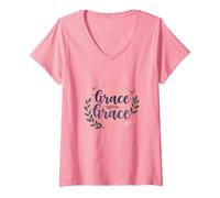 Grace Upon Grace: La fe inspiradora de Las Mujeres cristianas Camiseta Cuello V, Mujer, Rosado, L