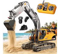 GraceDuck Excavadora Juguete RC 3 en 1 de Control Remoto 2.4GHz - Juguetes de Playa y Construcción con Pala de Aleación, Trituradora y Garra, Giro de 680°, Vehículo de Obra para Niños de 6 a 12 Años