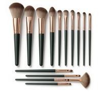 Graceful Set de 14 Brochas de Maquillaje Profesionales - Kit Vegano Premium con Mango Verde y Cerdas Suaves - Juego Completo para Base, Sombras, Corrector y Cejas - Idea de Regalo Mujer