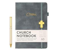 Gracememory Cuaderno de notas de sermón con bolígrafo y caja de regalo, diario bíblico guiado para cristianos, cuero A5 con cruz dorada, 240 páginas gruesas para estudio, reflexiones y notas de