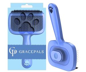 GracePals Cepillo autolimpiante para perro, cepillo de cerdas y diseño de agujas largas/cortas, agradable a la piel, cepillo para eliminar el pelo para mascotas de pelo largo y corto (azul)