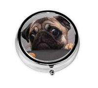 Gracioso perro codicioso Pug, Pastillero, Pastillero redondo Pequeño contenedor de pastillas Organizador de pastillas de viaje