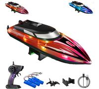 Graddi Aquablaze, 2.4GHz Remote Control Racing Boats with LED Lights, Self-Righting Waterproof Electric Fast Speed Boat, Long Battery Life, Low Battery Alert, Out of Distance Alert (red/ 3*battery)