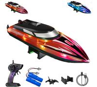 Graddi Aquablaze, 2.4GHz Remote Control Racing Boats with LED Lights, Self-Righting Waterproof Electric Fast Speed Boat, Long Battery Life, Low Battery Alert, Out of Distance Alert (red/ 2*battery)