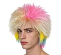 Gradient Rainbow Mullet Wig - Neon LGBT Punk Costume | 9.8 Inch Diameter | Heat Resistant Synthetic Hair | Multi-Colored Pink-Gold Gradient Mullet Wig For Halloween