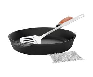 GRÄWE CI 350 - Sartén de hierro fundido de 28 cm de diámetro, sartén de hierro fundido, juego de sartenes con espátula, protección de mango (cuero auténtico), limpiador de anillos, sartén para