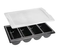 GRÄWE Cubertería con 4 compartimentos y tapa, almacenamiento para cubiertos, recipiente para cubiertos de plástico, color negro, fabricado en Alemania