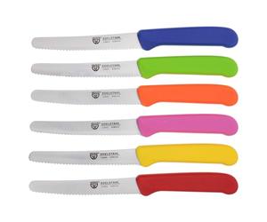 GRÄWE Cuchillos de mesa, juego de 6 unidades, juego de cuchillos para cortar, paquete de 6 cuchillos para panecillos, cuchillos de desayuno con filo ondulado de un lado, cuchillo de 21 cm - Colorido