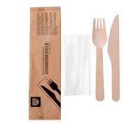 GRÄWE Juego de 25 cubiertos desechables para fiestas, tenedores de madera, cuchillos de madera, servilletas, cubiertos de madera, respetuosos con el medio ambiente, biodegradables