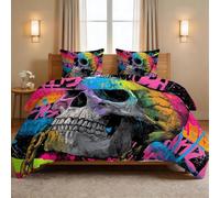Graffiti Pop Art - Juego de edredón reversible de 3 piezas con 2 fundas de almohada, 7,5 tog, suave, ligero, cálido, para todas las estaciones, 230 x 220 cm, diseño de calavera y lunares dorados