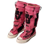 Graffiti Print Half Calf Boots Women's Flat Retro Canvas Mid-Calf Boots Daily Work Comfy Travel Walking Shoes